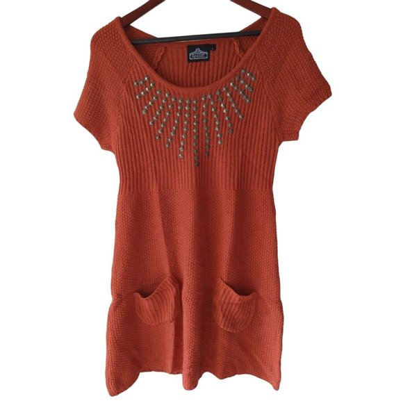 Angie Knit Sweater Dress Studded Chest Orange Pocketed Mohair Like Women's Large - Picture 1 of 8
